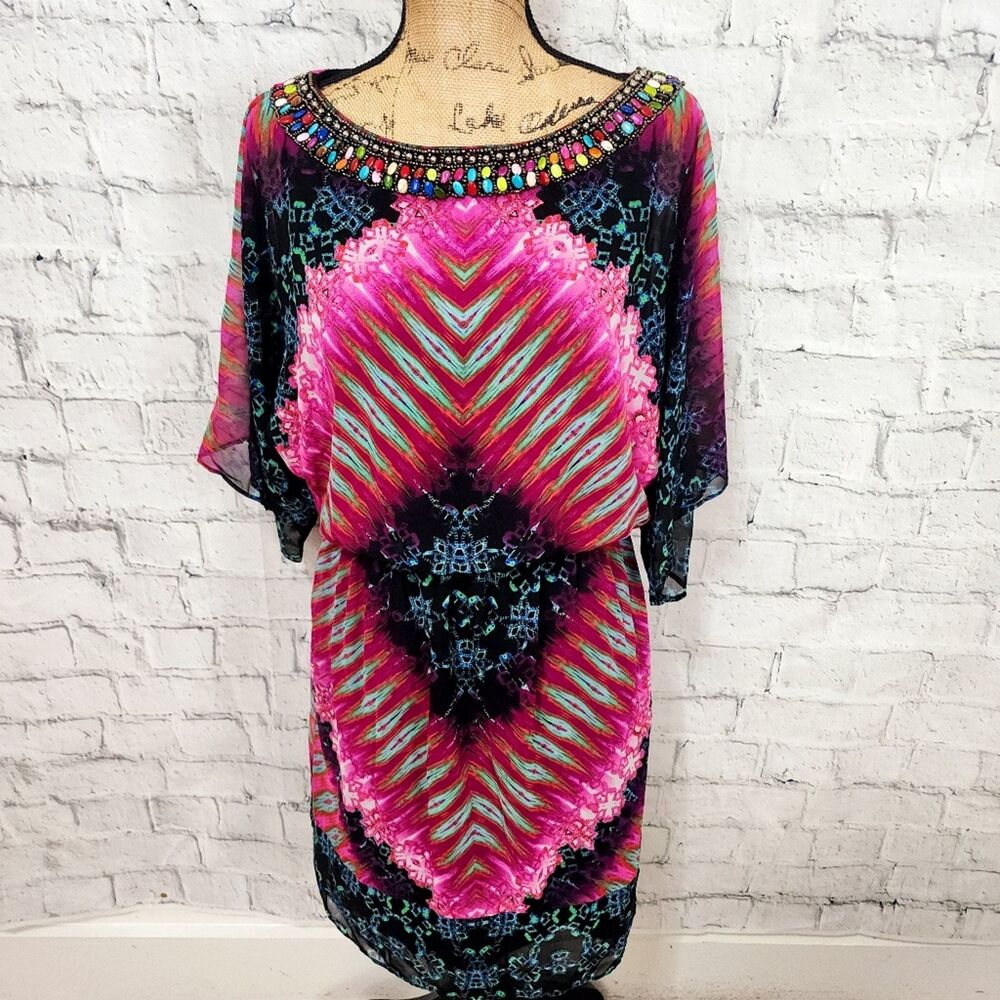 Londo Times beaded neckline dress Sz 6 sheath dolman sleeve mini colorful A15